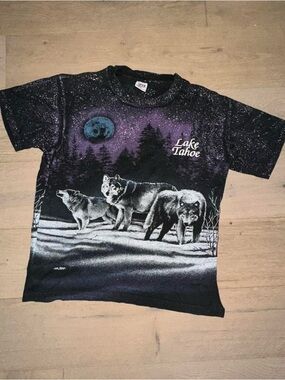 Anvil Black & Purple Lake Tahoe Wolf Worn In & Distressed Graphic Tee